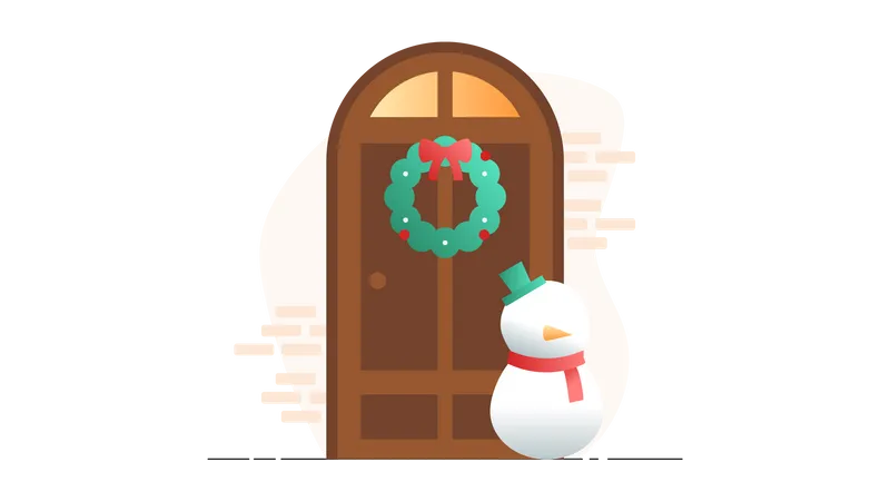 Muñeco de nieve parado frente a la puerta de Navidad  Ilustración