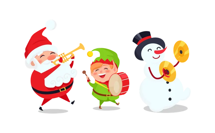 Muñeco de nieve, elfo y Papá Noel con trompeta cantando villancicos  Ilustración