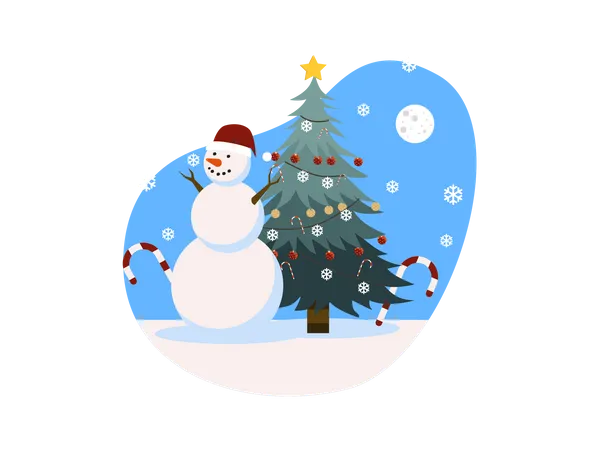 Muñeco de nieve y árbol de navidad  Ilustración