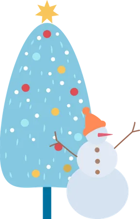 Muñeco de nieve y árbol de navidad  Ilustración