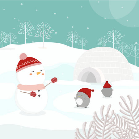 Muñeco de nieve y pingüinos en la nieve  Ilustración