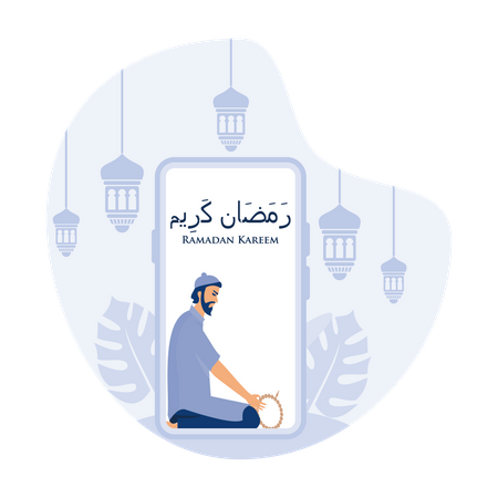 Musalim man doing Muslim prayer on mobile phone wallpaper Illustration
