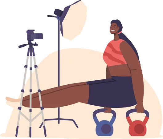 Muscular Black Woman Character Workout With Kettle Bells In L Sit Position At Gym And Recording Video Tutorial For Blog Or Stream For Educating And Teaching Other People Cartoon Vector Illustration Illustration