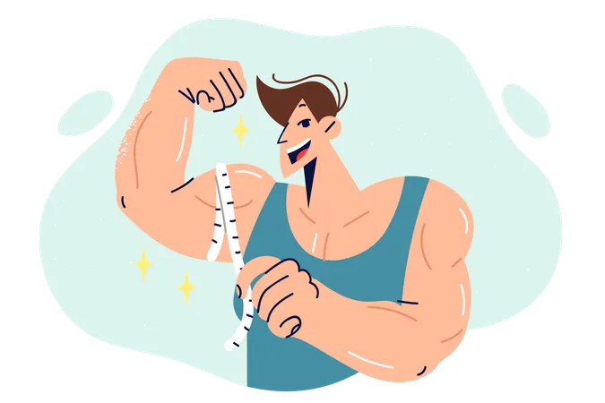 Muscular Man Showing Big Biceps Using Measuring Tape To Show Progress Guy Bodybuilder Demonstrates Muscular Arm Recommending Purchasing High Quality Sports Nutrition To Improve Training Results 일러스트레이션