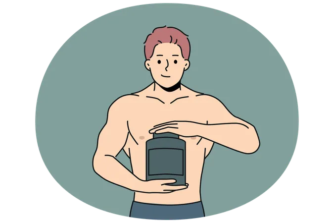 Muscular man holding jar of protein and recommends taking sports nutrition while doing bodybuilding  Illustration