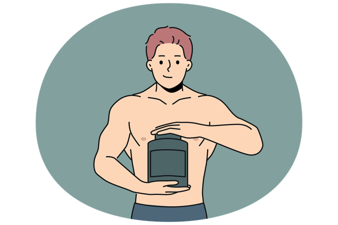Muscular man holding jar of protein and recommends taking sports nutrition while doing bodybuilding  Illustration