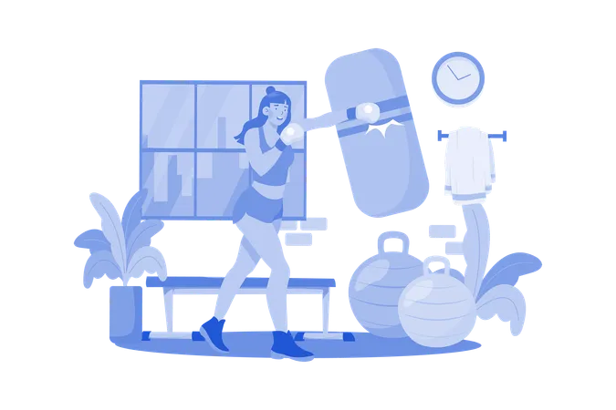 Muscular Strong Woman Boxing In The Gym  Illustration