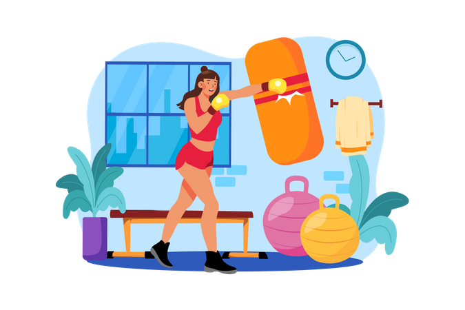 Muscular strong woman boxing in the gym Illustration