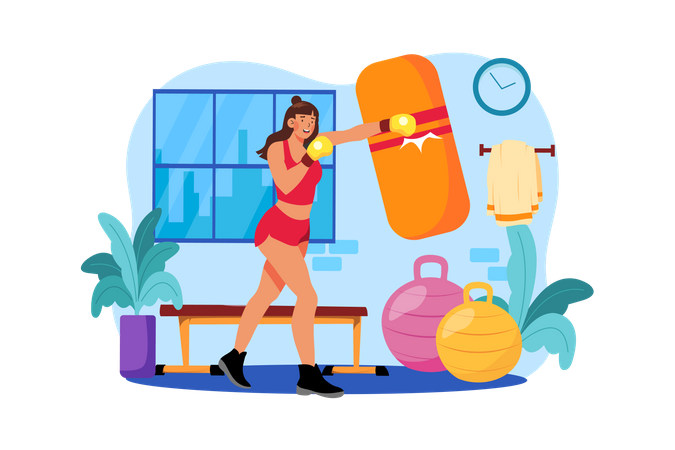 Muscular strong woman boxing in the gym  Illustration