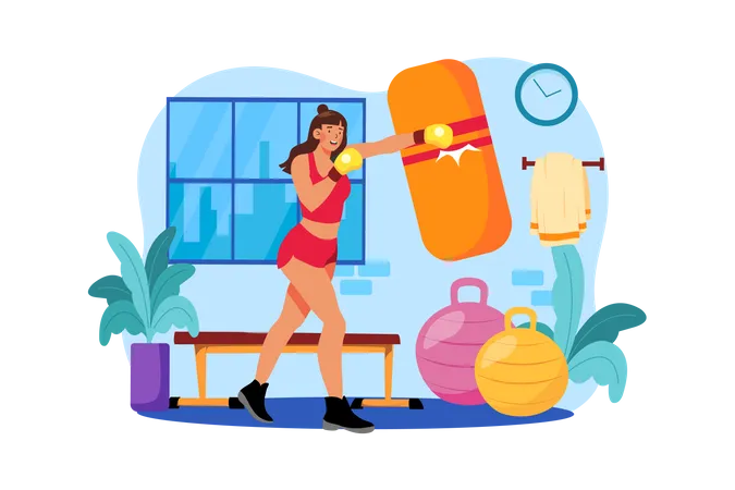 Muscular strong woman boxing in the gym  Illustration