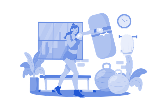 Muscular Strong Woman Boxing In The Gym  Illustration