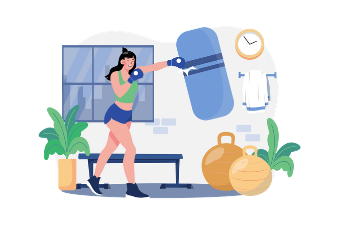 Muscular strong woman boxing in the gym  Illustration