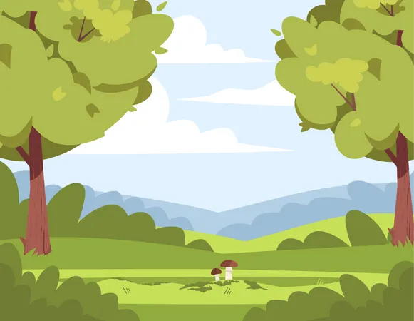 Forest With Mushrooms Summer Woods With Clearing Farmland With Greenery And Hills Illustration