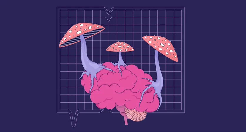 Mushrooms Fly Agaric Growing On Brain 2 D Cartoon Background Psychedelic Nature Colorful Aesthetic Vector Illustration Nobody Toxic Toadstool Brain Control Flat Line Wallpaper Art Lofi Image Illustration