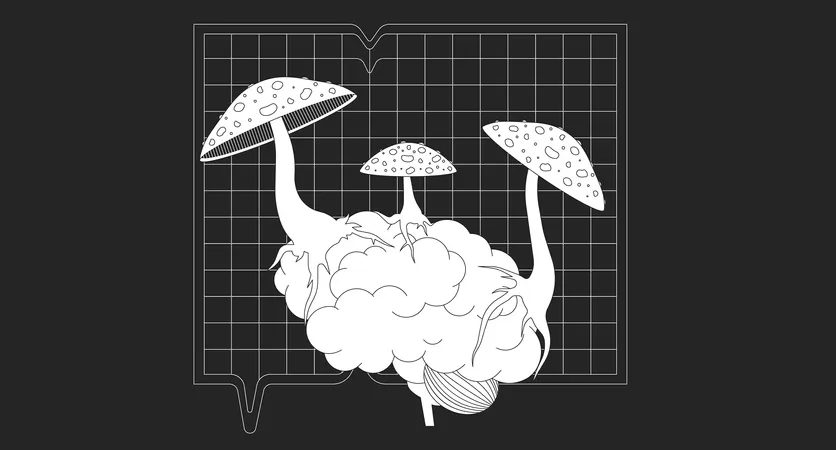 Mushrooms Fly Agaric Growing On Brain Outline 2 D Cartoon Background Psychedelic Nature Linear Aesthetic Vector Illustration Toxic Toadstool Brain Control Flat Wallpaper Art Monochromatic Lofi Image Illustration