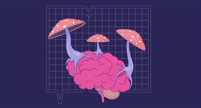 Mushrooms fly agaric growing on brain  Illustration