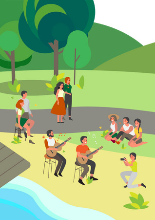 Music band playing guitar in park  イラスト