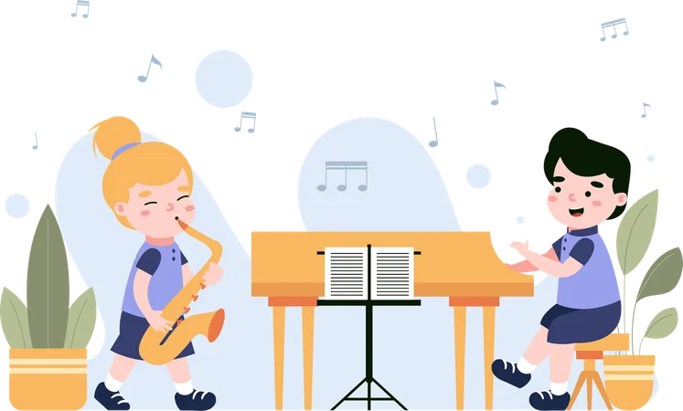 This Colorful Illustration Depicts Kids Having Fun During A Music Club At School And Is Perfect For Use In Web Design Posters And Campaigns Promoting A Creative And Engaging School Environment The User Friendly And Editable Design Serves As A Valuable Resource For Highlighting The Importance Of Education And Showcasing The Various Opportunities Available To Students In A School Setting Such As Hands On Learning Experiences Like Music Clubs That Foster Creativity Self Expression And Musical Skills Illustration