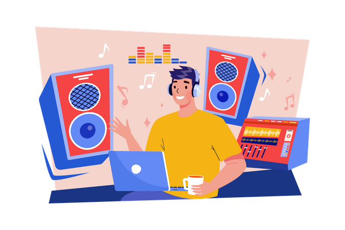 Music composer creating and recording music at the workplace  Illustration