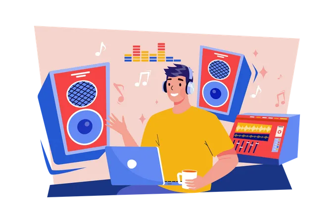 Music composer creating and recording music at the workplace  Illustration