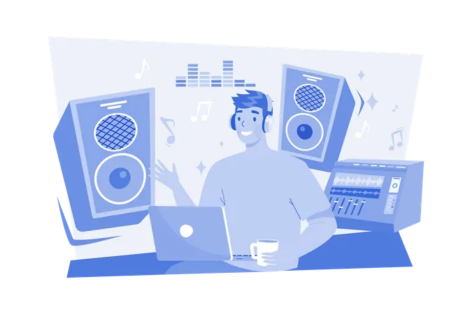 Music composer creating and recording music at the workplace  Illustration