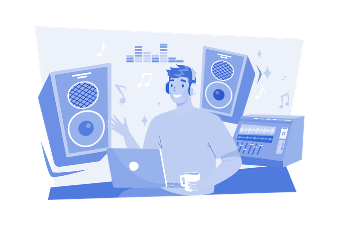 Music composer creating and recording music at the workplace  イラスト