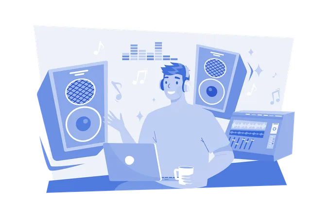 Music composer creating and recording music at the workplace  イラスト