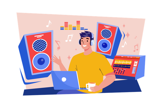 Music composer creating and recording music at the workplace Illustration