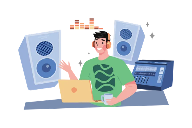 Music composer creating and recording music at the workplace Illustration