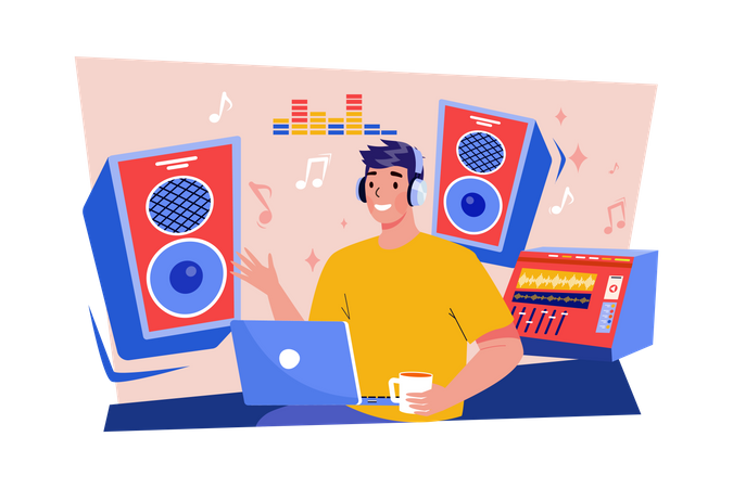 Music composer creating and recording music at the workplace  Illustration