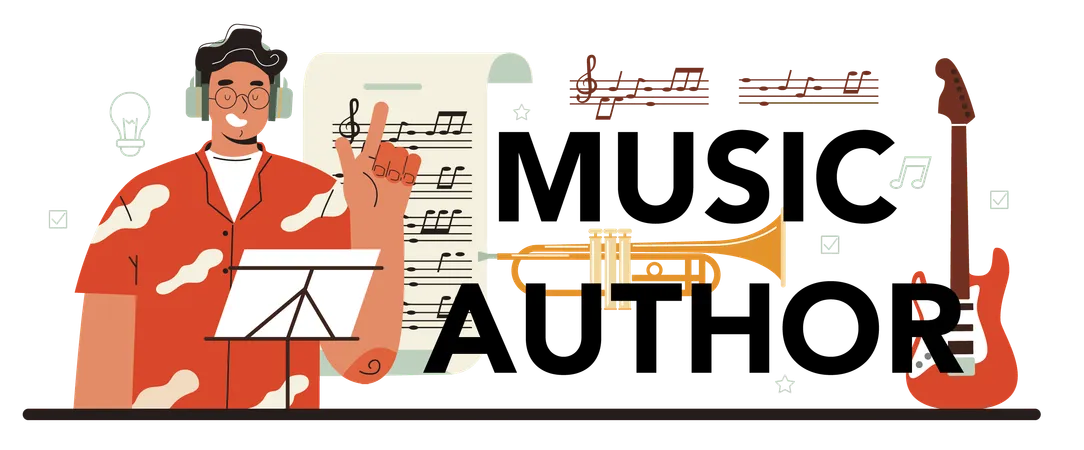 Music Author Typographic Header Composer Making And Playing Music With Professional Equipment Talented Songwriter Classic Jazz And Rock Music Composing Flat Vector Illustration Illustration