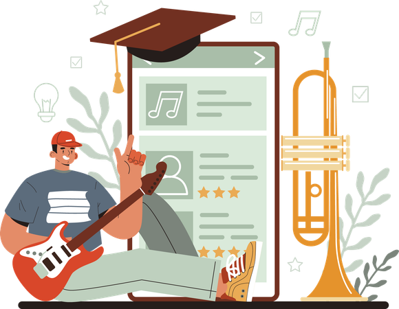 Music composer singing song while viewing at online lyrics  イラスト