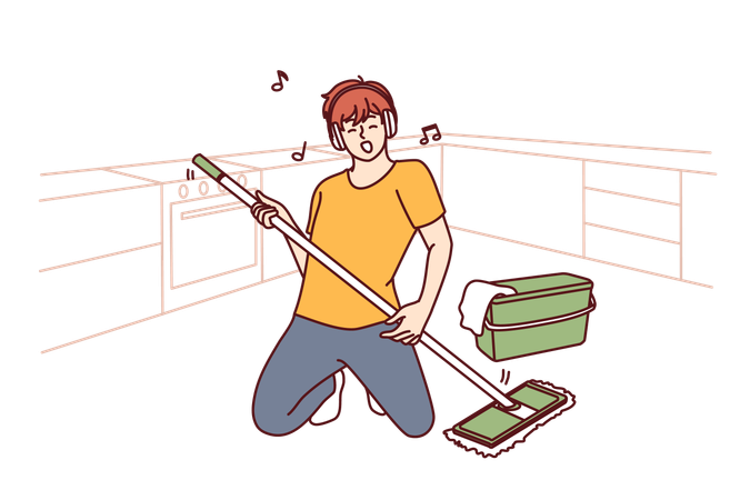 Music lady is cleaning floor with mop  イラスト