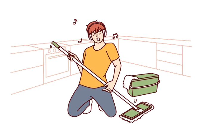 Man Cleaning Floor With Mop Stands In Pose Of Rock Musician Imagining That Is Holding Guitar And Performing At Concert Guy In Headphones Does Cleaning Dreaming Of Performing At Music Rock Festival Illustration
