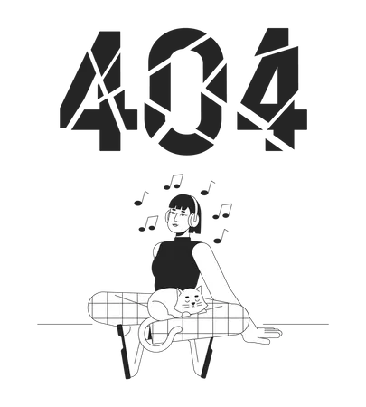 Music Listening Black White Error 404 Flash Message Asian Headphones Girl With Cat Monochrome Empty State Ui Design Page Not Found Popup Cartoon Image Vector Flat Outline Illustration Concept イラスト