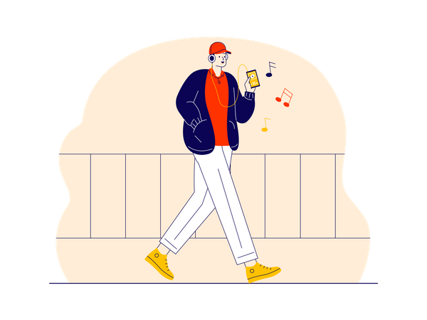 Music lover walking and listening song  Illustration