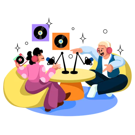 Depicts Two Individuals Engaged In A Lively Music Podcast Discussing And Sharing Insights About Music And Vinyl Records Illustration