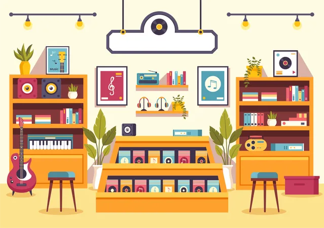 Music Store Vector Illustration With Various Musical Instruments CD Cassette Tapes And Audio Recordings In Flat Style Cartoon Background Design Illustration