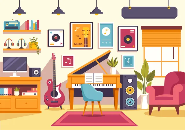 Music Store Vector Illustration With Various Musical Instruments CD Cassette Tapes And Audio Recordings In Flat Style Cartoon Background Design Illustration