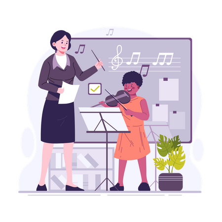 Music teacher teaching piano to student  イラスト