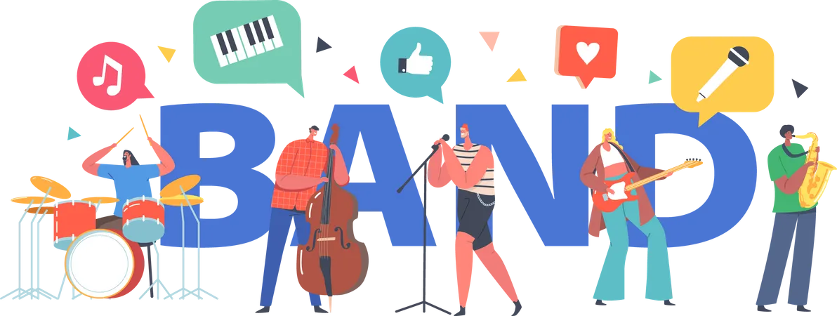Music Band Concept Artists Characters With Musical Instruments Singing Rock Song Guitar Contrabass And Sax Player Accompany Rock Concert Poster Banner Or Flyer Cartoon People Vector Illustration 일러스트레이션