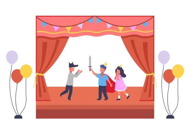 Musical Concert In School Children S Theatrical Performance On The Stage In Modern Kindergarten Kid Spectacle Children In Costumes Of A Wolf A Knight And A Princess Perform On Stage Play Roles Illustration