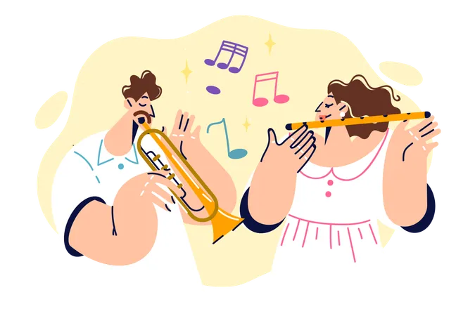 Musical Group Of Man Playing Trumpet And Woman Using Clarinet Performs Together On Stage Talented Guy And Girl Are Practicing Performing Classical Musical Compositions And Dream Of Touring World イラスト