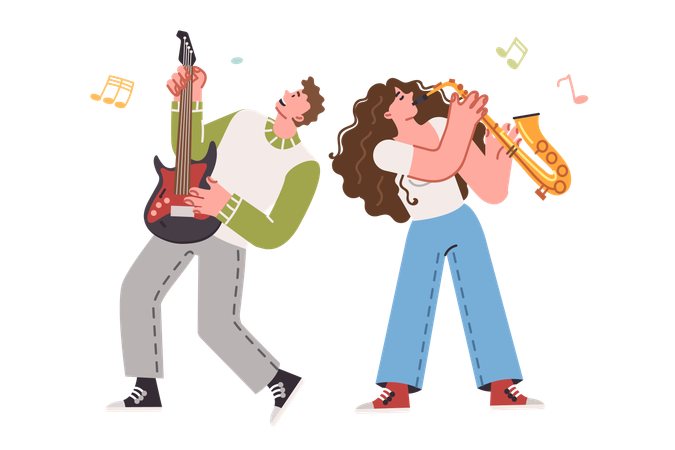 Musical group performing jazz tune on guitar and saxophone for entertainment of audience  Illustration