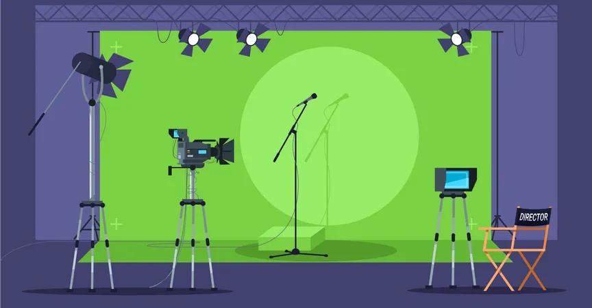 Musical Show Filming Semi Flat Vector Illustration Musical Microphone Professional Television Recording Equipment Content Cration Ideas Studio Set 2 D Cartoon Scenery For Commercial Use 일러스트레이션