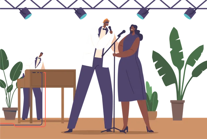 Musician and Singer Playing Soul Jazz Music On Stage  Illustration