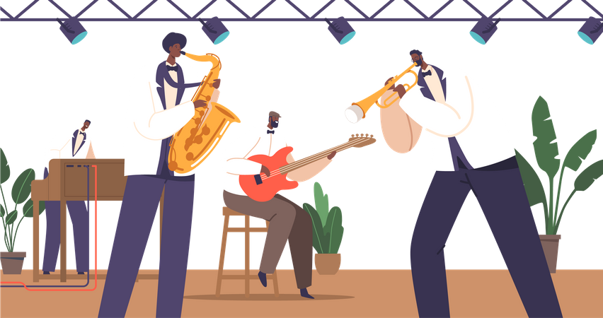 Musician Improvise And Interact On Stage Illustration
