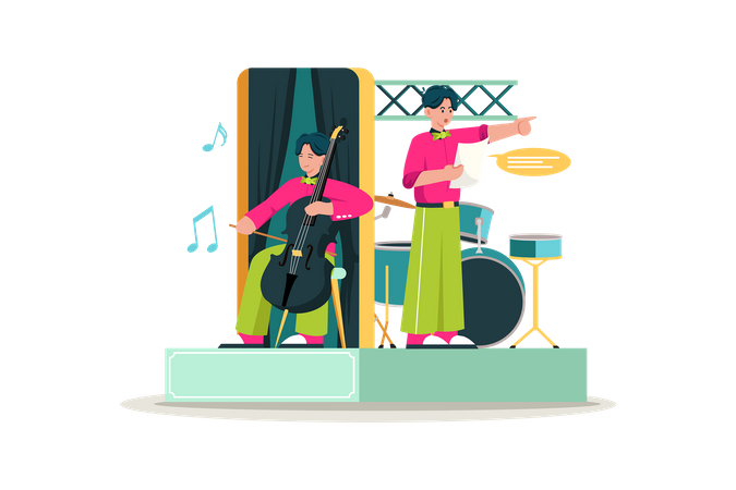 Musician performing on stage while also managing instrument changes and technical issues  Illustration