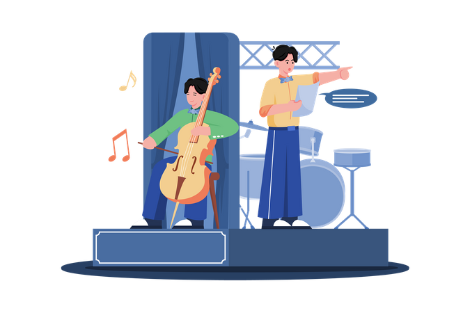 Musician performing on stage while also managing instrument changes and technical issues  Illustration