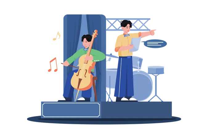 Musician performing on stage while also managing instrument changes and technical issues  Illustration